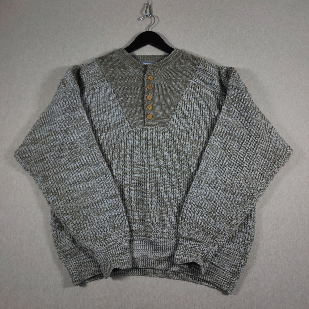 Vintage Campus Henley Sweater Mens XL Chunky Knit Wood Buttons Tan Beige Marled